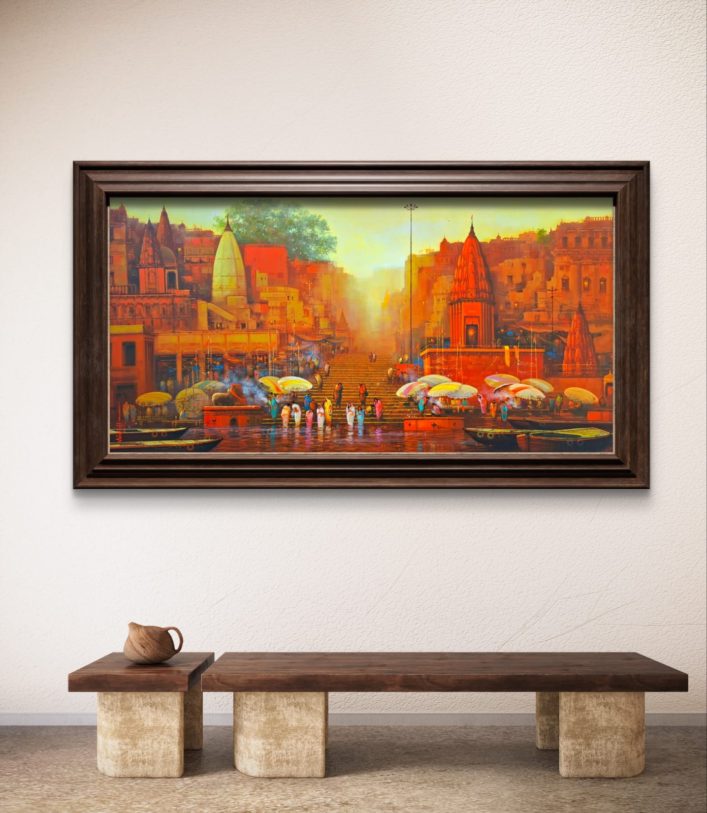 Wall display pic of The Holy Bath painting featuring Benaras landscape by the riverbanks.
