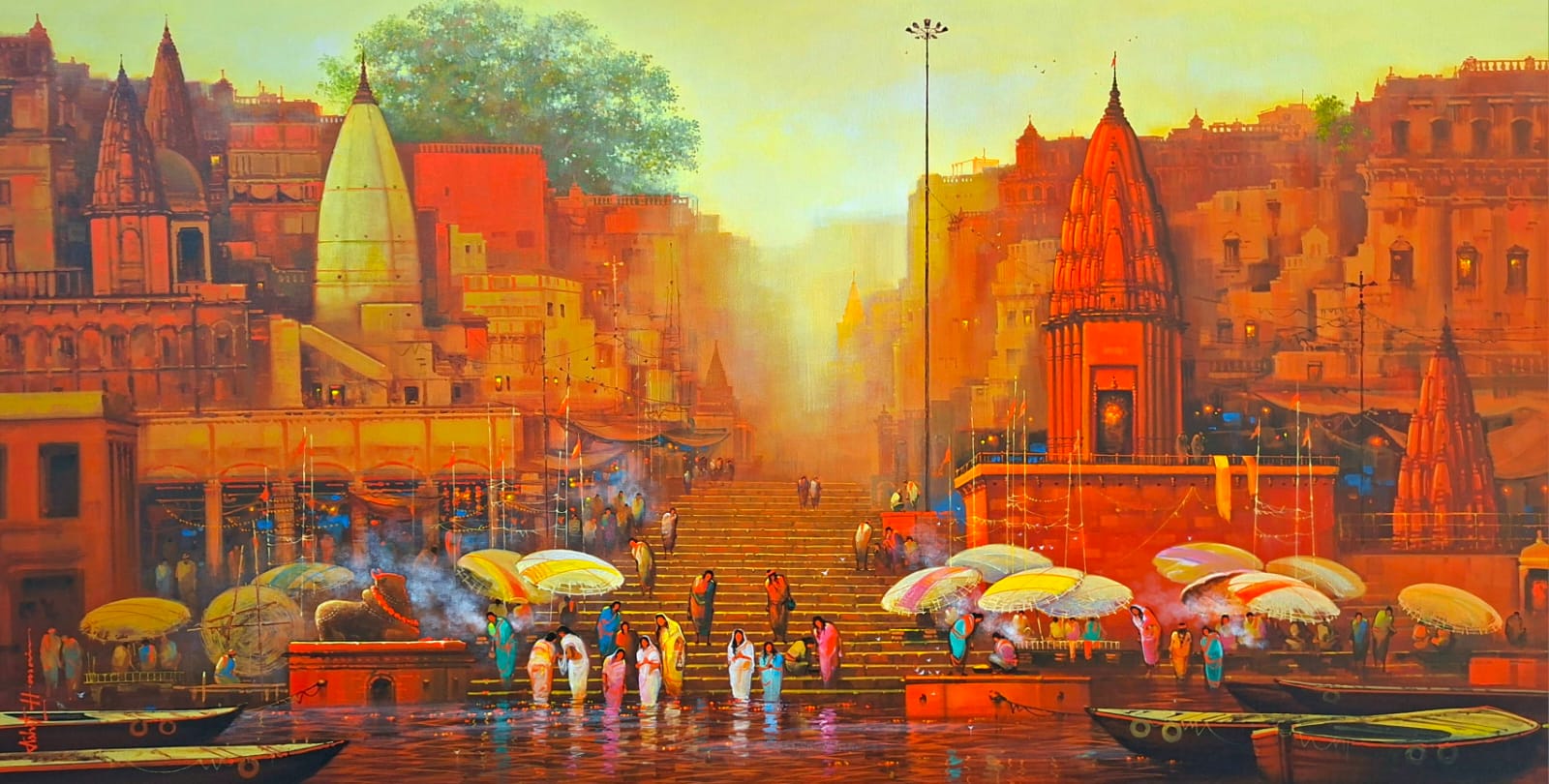 Benaras cityscape artwork juxtaposes devotional figures taking the holy dip on riverbanks against the temples by the banks.