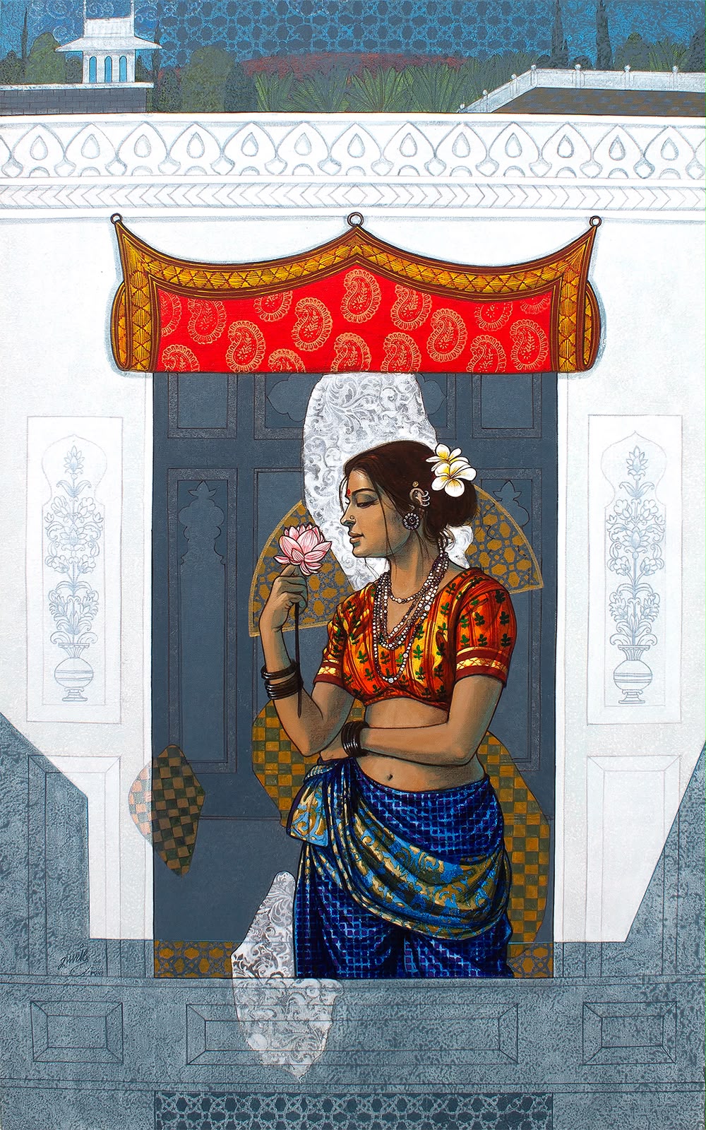 Fine art figurative painting depicts Indian woman in traditional attire holding a flower, with miniature architectural background.