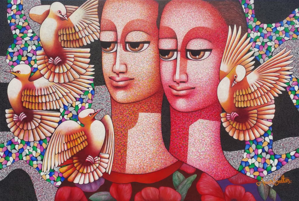 Figurative abstract art; couple painted on a colorful teardrop terrazo background.