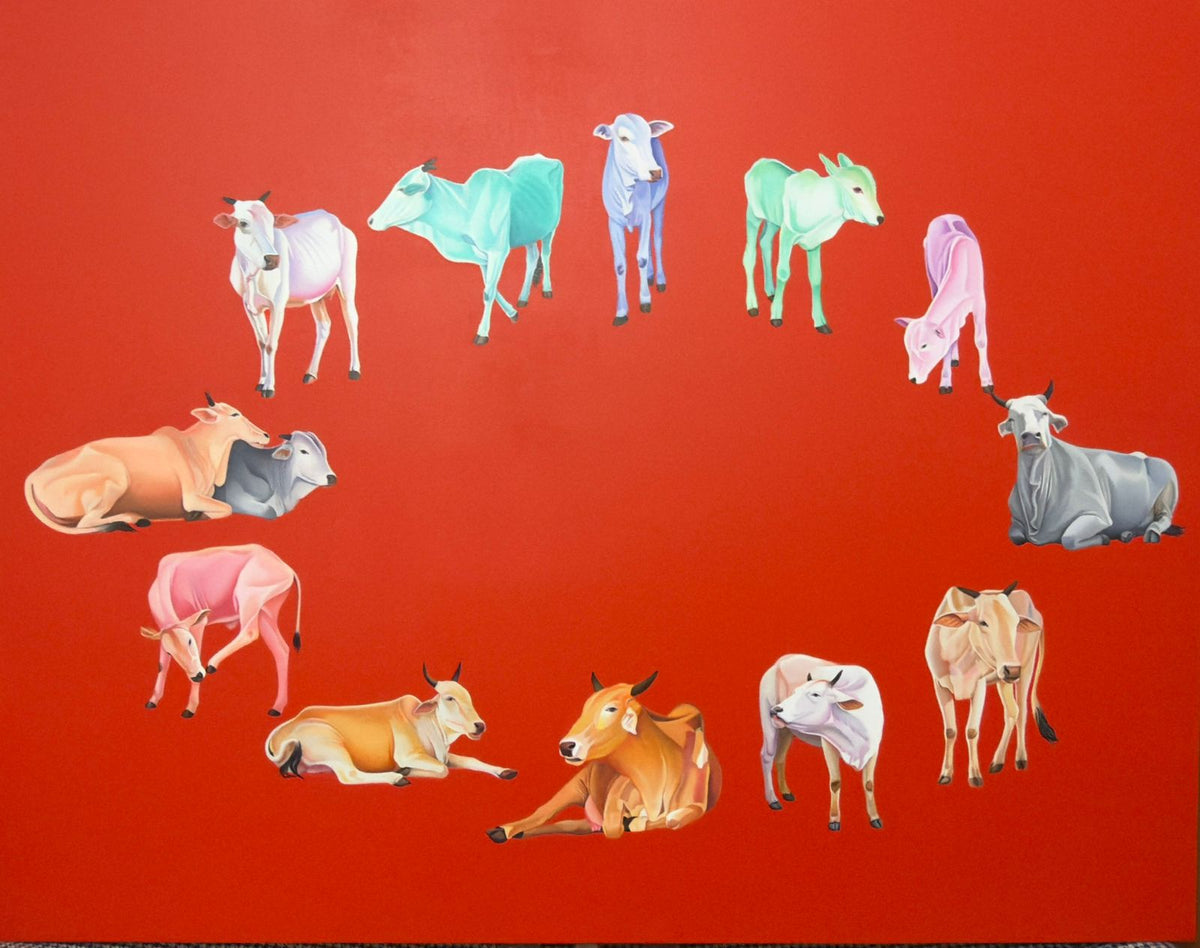 Contemporary painting by Feroz Khan featuring cows arranged in a circle on a vibrant, luxurious red background.