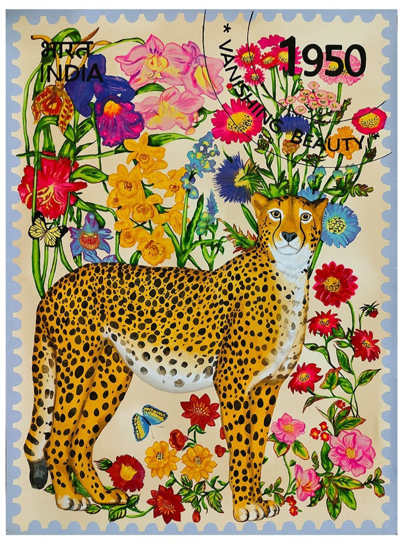 Artistic depiction of a cheetah surrounded by flowers with 'India' and '1950' stamp text on a beige and blue background.