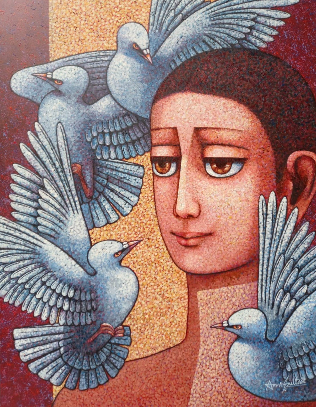 Figurative Oil painting: contemplative female face with large eyes and four doves in flight.