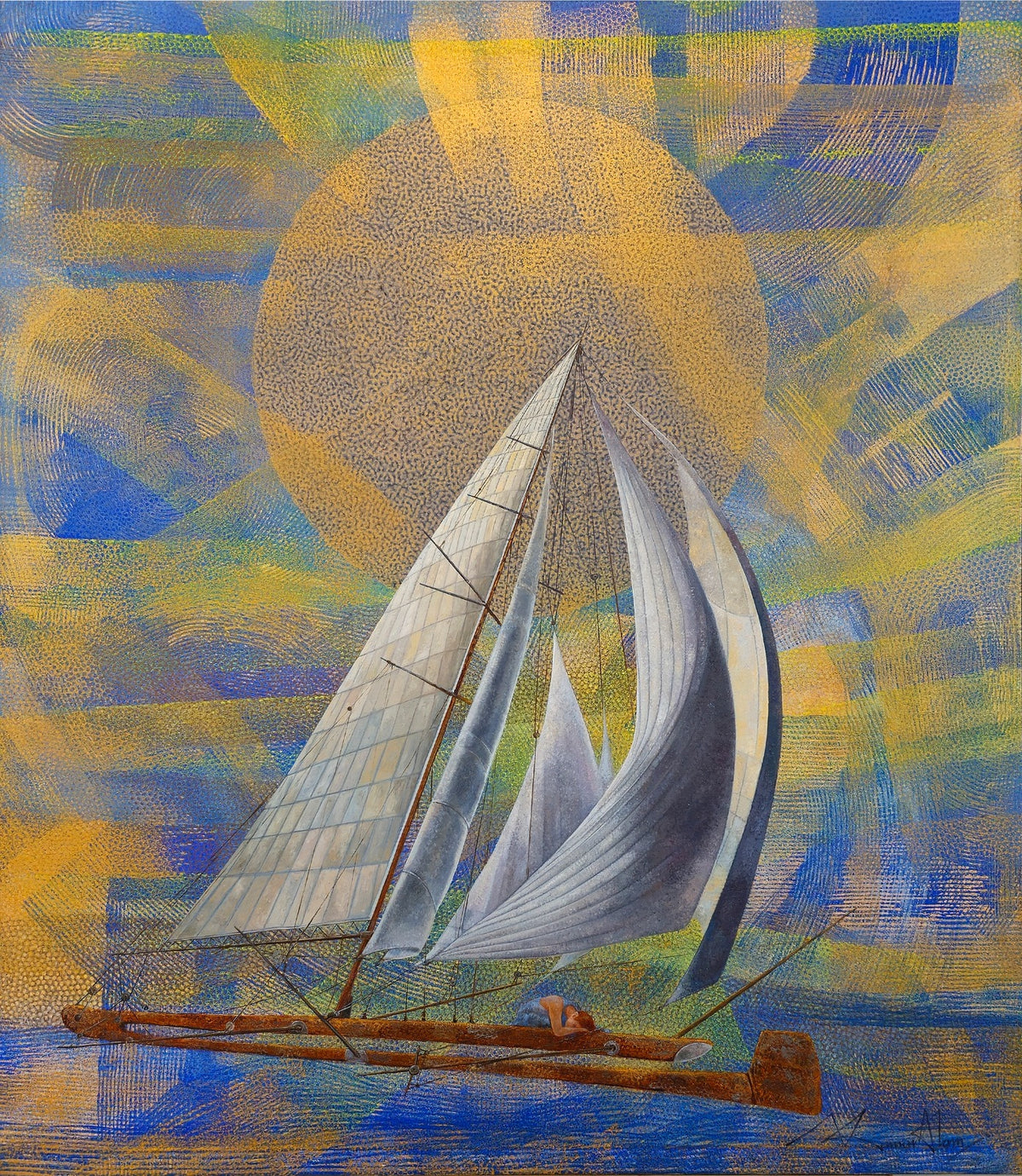 Artist Kamar Alam brings together a powerful and bewitching narrative by depicting strong sails against strong gusts of wind, and sun in backdrop as a figures leans in surrendering to forces of nature.