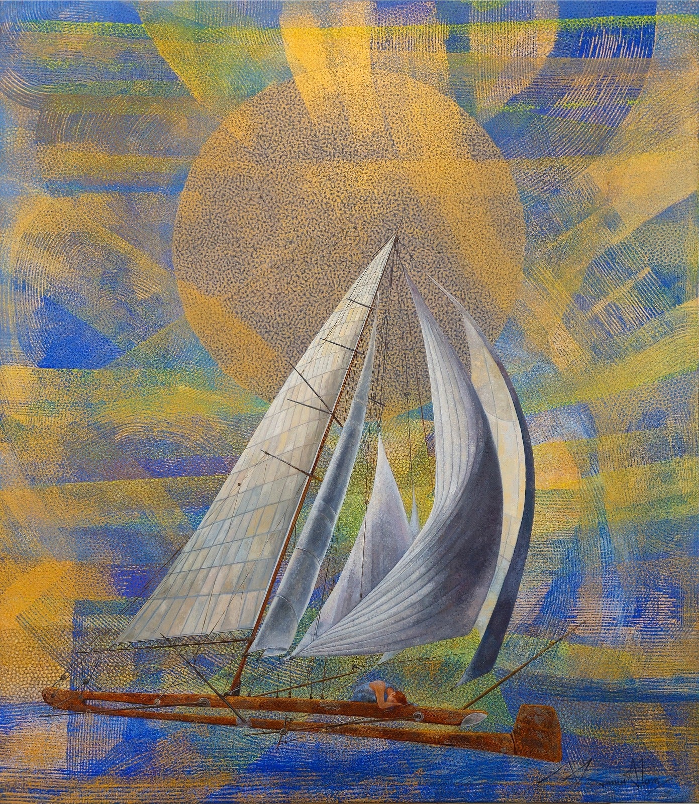 Artist Kamar Alam brings together a powerful and bewitching narrative by depicting strong sails against strong gusts of wind, and sun in backdrop as a figures leans in surrendering to forces of nature.