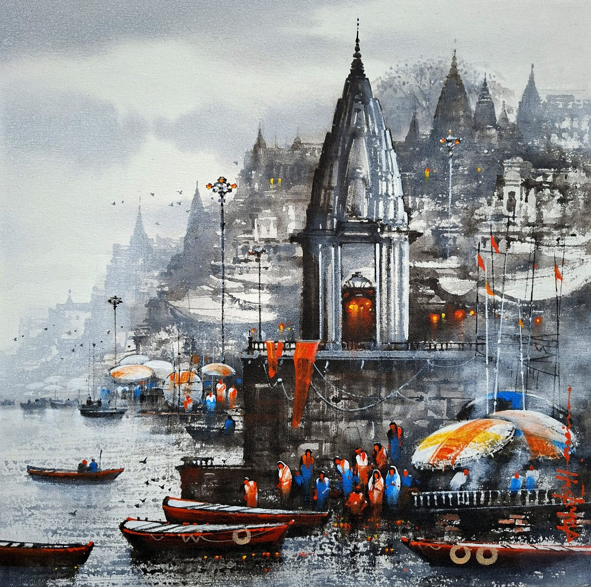 Monochrome Indian painting depicts the holy city of Benaras by the sacred riverbanks. 