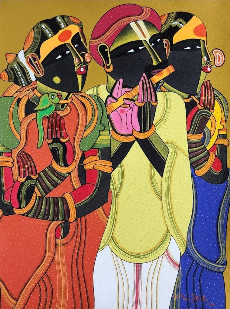 Thota Vaikuntam original vertical painting featuring a turbaned flute player flanked by two women in signature polka-dotted attire with elegant hand gestures | Artazzle