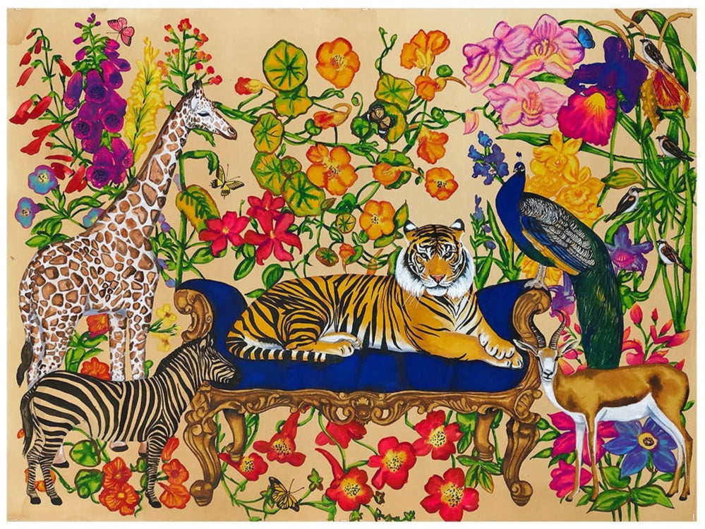 Colourful artwork of animals and flowers on paper by Manisha Agrawal. The tiger brings power to centre stage as it sits on a grand blue sofa.