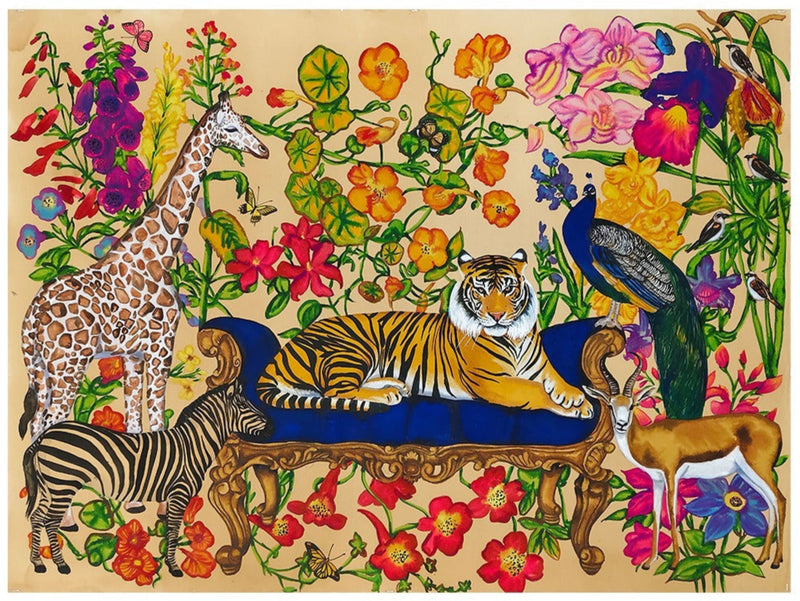 Colourful artwork of animals and flowers on paper by Manisha Agrawal. The tiger brings power to centre stage as it sits on a grand blue sofa.