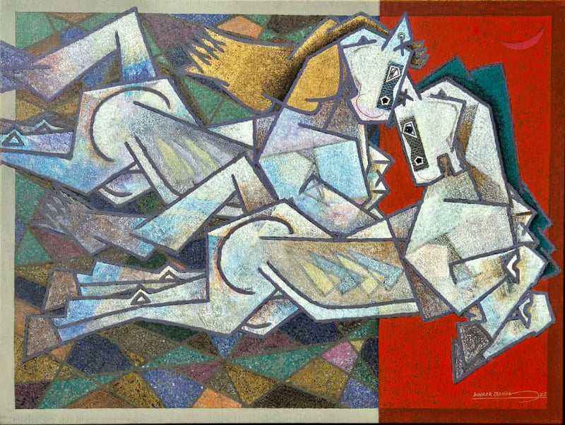 A galloping horse couple painting with red colorblocking in partial background on right side. The artist also leans on heavy abstraction in the rest of background space. 