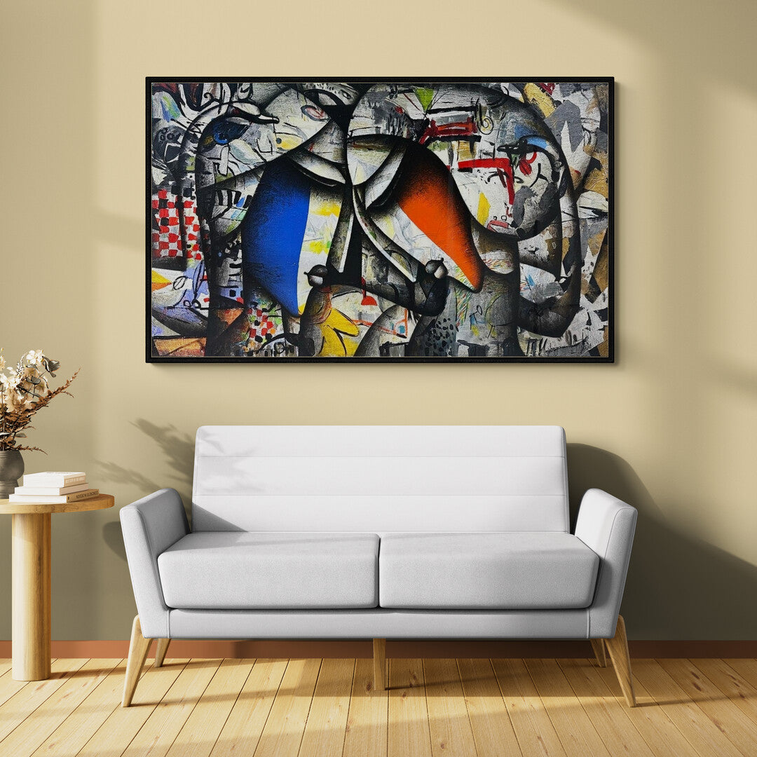 Wall display image of 'Togetherness' a large couple portrait painting by Jagannath Paul in grey tones accentuated by bold faces.