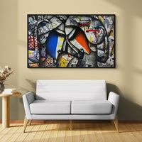 Wall display image of 'Togetherness' a large couple portrait painting by Jagannath Paul in grey tones accentuated by bold faces.
