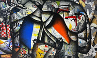 Large 5ft horizontal couple faces portrait painting with primary color blocked faces on grey abstract canvas by Jagannath Paul.