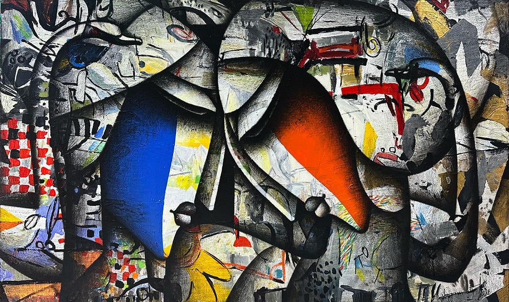 Large 5ft horizontal couple faces portrait painting with primary color blocked faces on grey abstract canvas by Jagannath Paul.