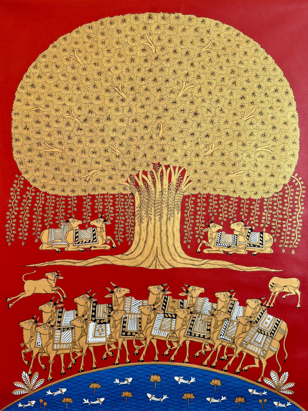 Vertical Tree of Life Red and Gold hued artwork. Traditional Indian art by National award Winning Kalyan Joshi. 