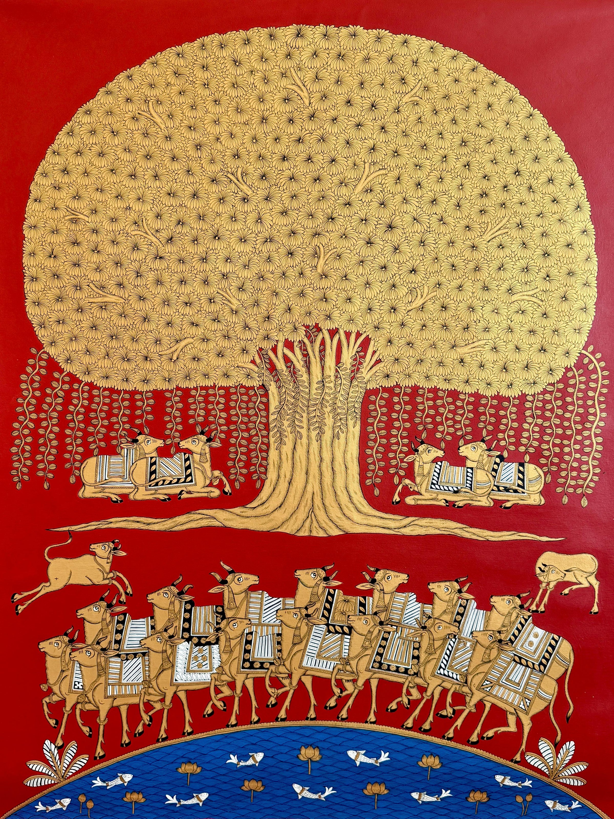 Vertical Tree of Life Red and Gold hued artwork. Traditional Indian art by National award Winning Kalyan Joshi. 