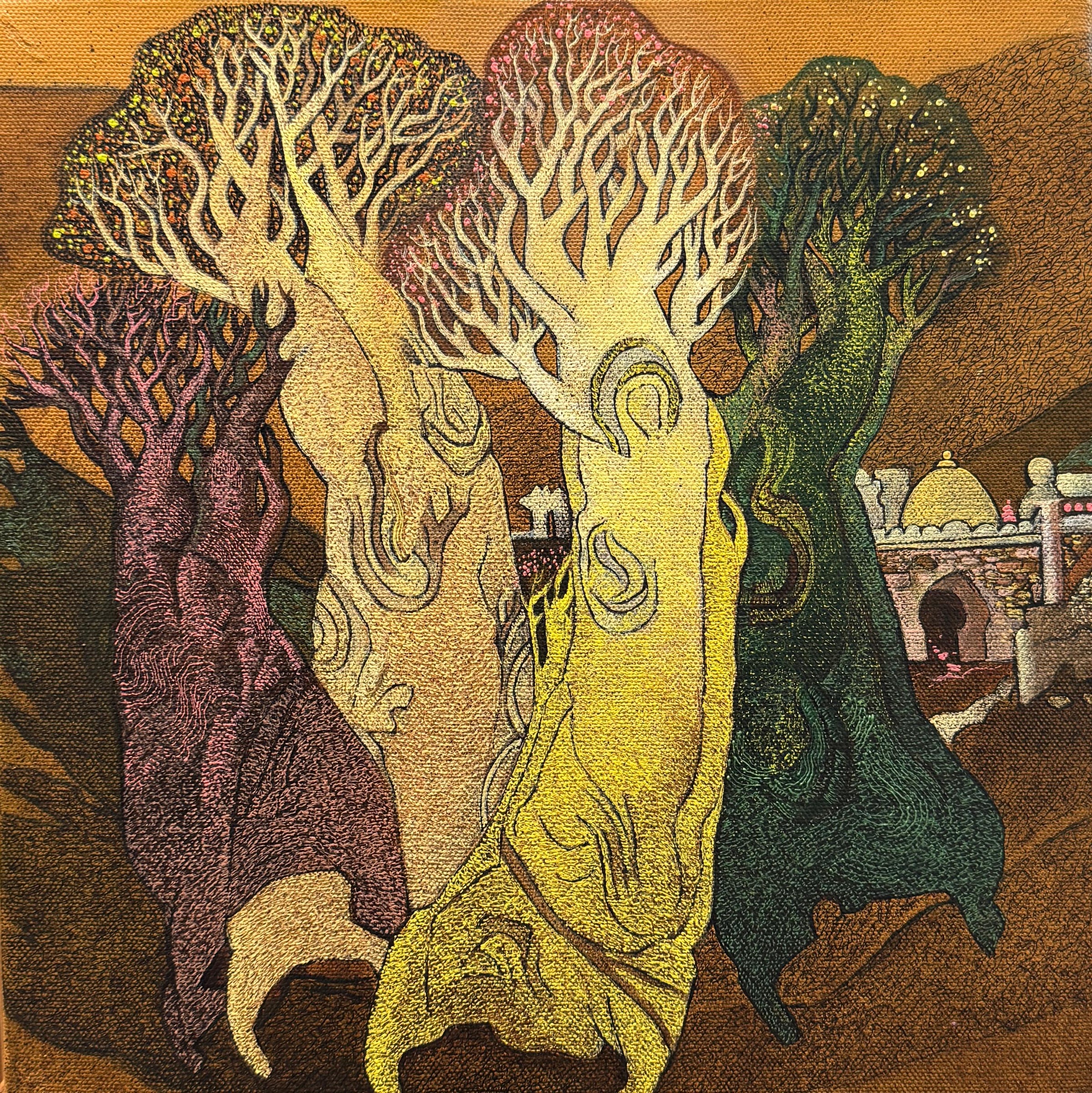 Small landscape painting of a minimalist tree with green and yellow bark on rustic land.