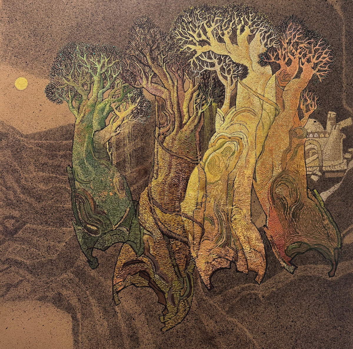 Trees canvas painting by Siddharth Shingade; an original rustic brown painting with heavy texture work.