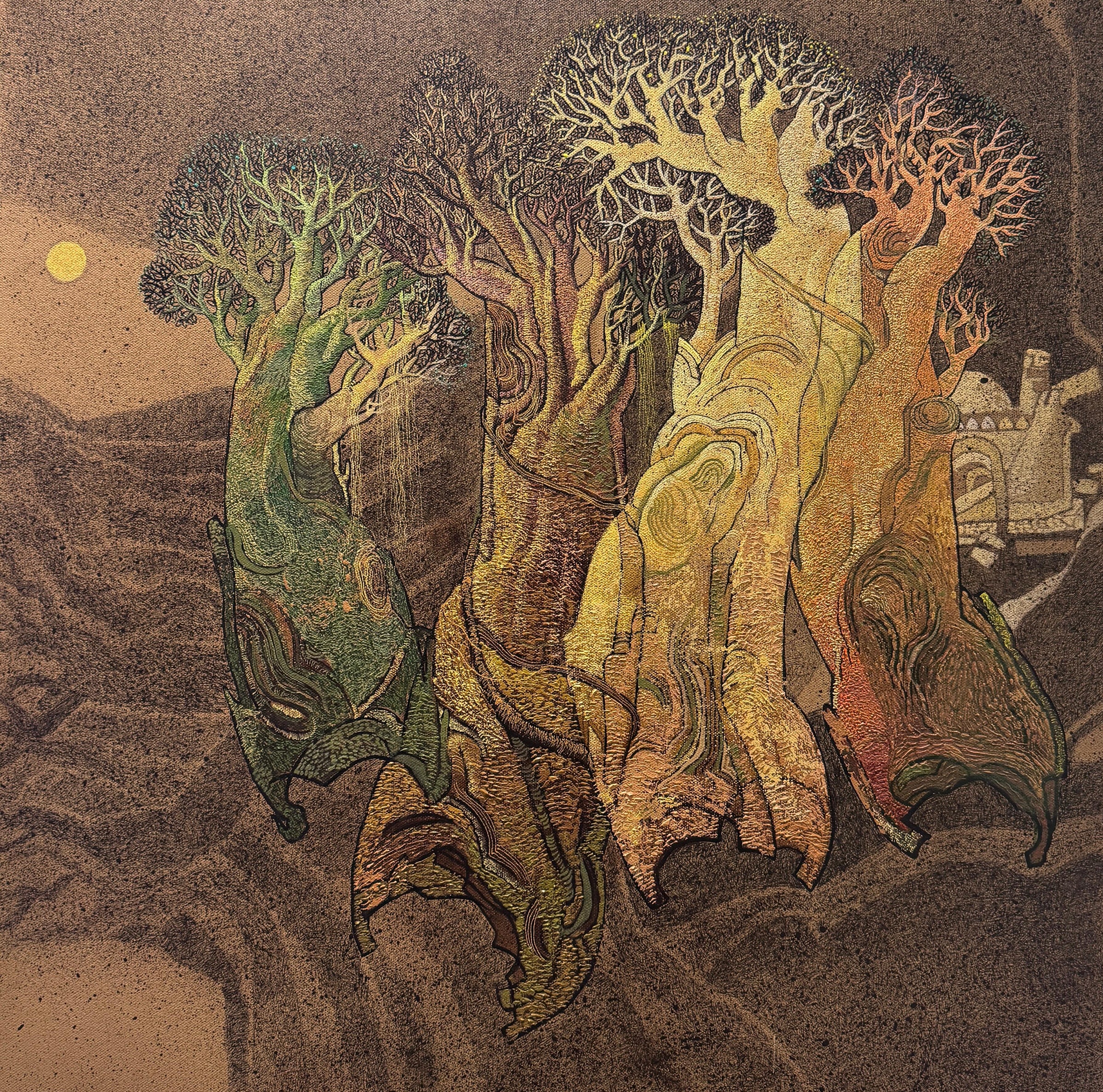 Trees canvas painting by Siddharth Shingade; an original rustic brown painting with heavy texture work.
