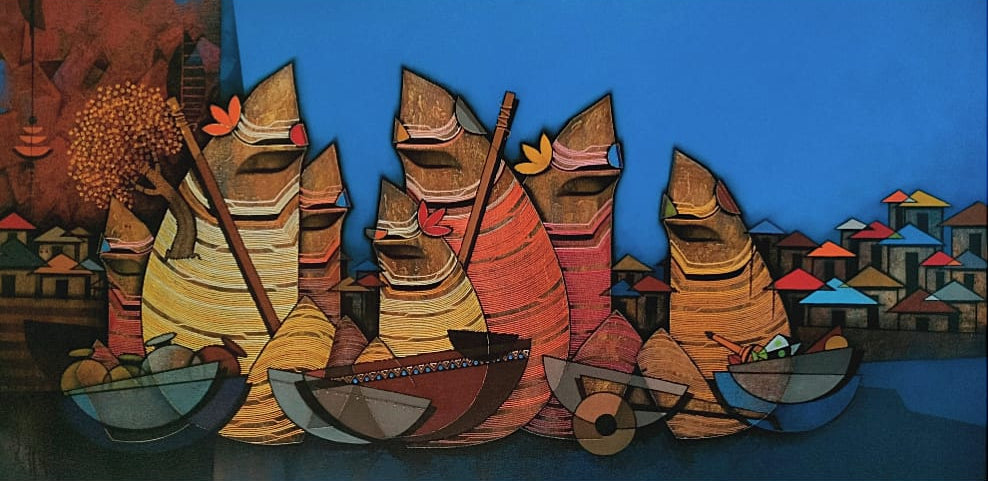 Contemporary blue tone painting by Rahul Dangat showing Indian market sellers against a cubist village hamlet.