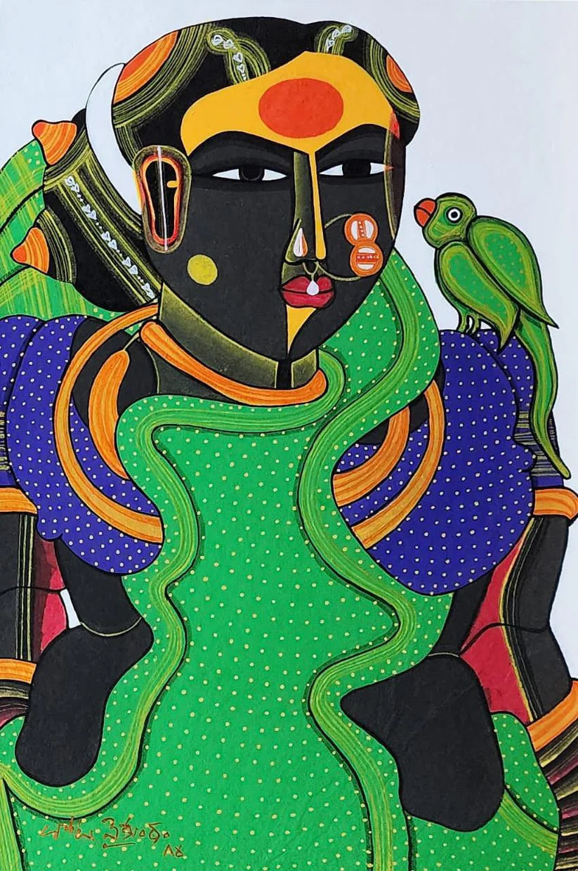 Signature woman  painting by Thota Vaikuntam. Colorful  painting of a figure with a parrot perched on her shoulder.