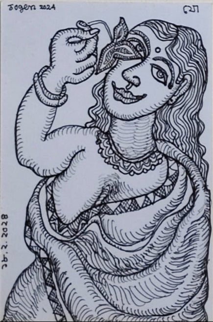 Black and white line drawing of a stylized female figure . Pen and Ink drawing featuring Jogen's signature line-work to depict woman. 
