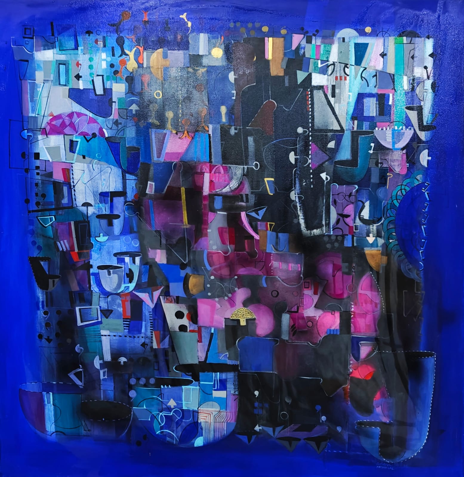 Abstract work by Madan Lal featuring a bustling city elements. ACrylic Painting with shades of blue dominating. 