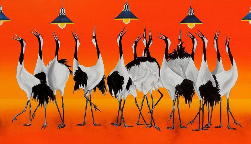 Urban Story by Gopal Samantray is an acrylic painting featuring a flock of cranes standing under a string of city lights against sunlit backdrop. 