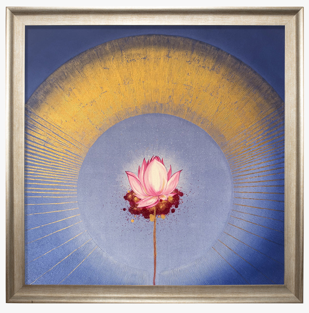 Lotus bloom radiates with golden rays to signify origin and life against a tranquil blue backdrop.