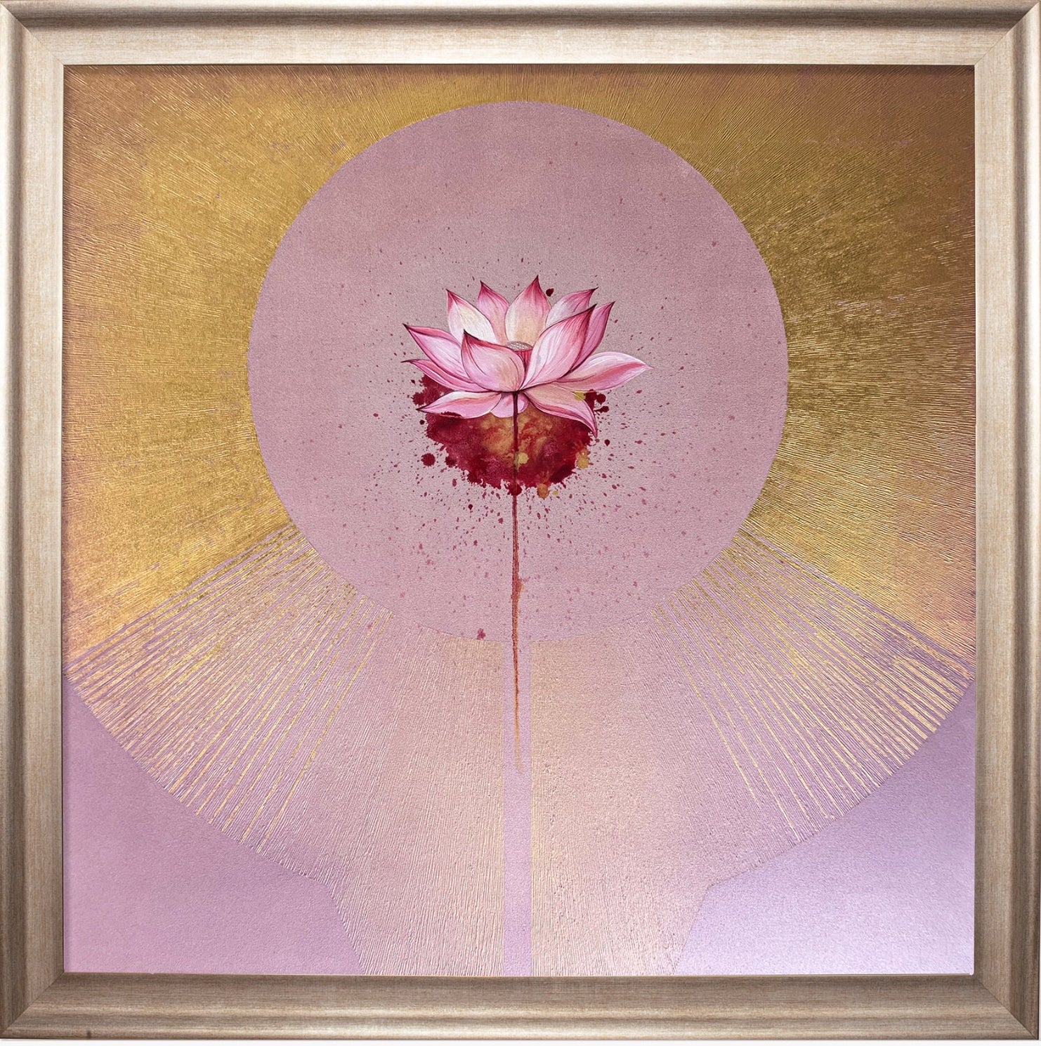 Lotus bloom radiating positive vibes in gold rays. Artwork by Sangeeta abhay uses gold foil work.