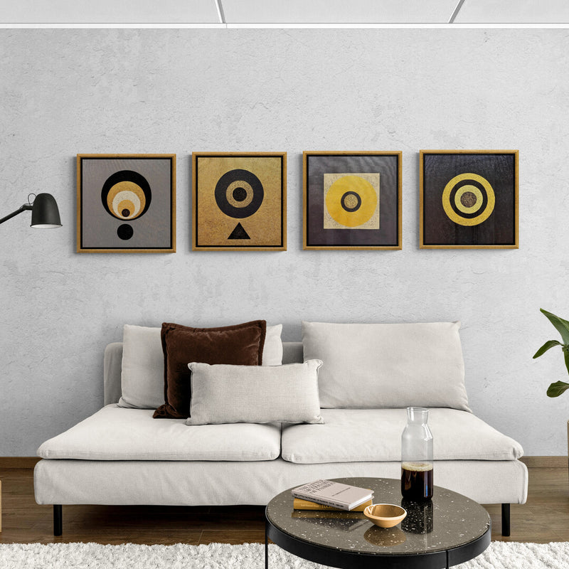 Perfect set of four artworks by Vivek Nimbolkar to uplift your interiors. Geometrical Abstraction artworks using a palette of greys, golds and charcoal black.