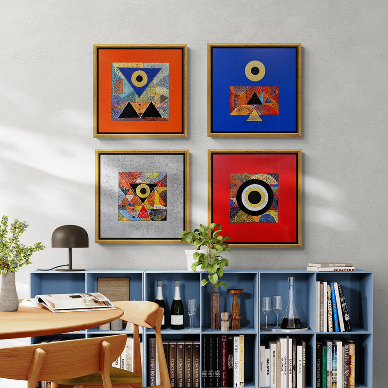 Perfect set of four artworks by Vivek Nimbolkar to uplift your interiors. Geometrical Abstraction artworks using a bold play of colors.