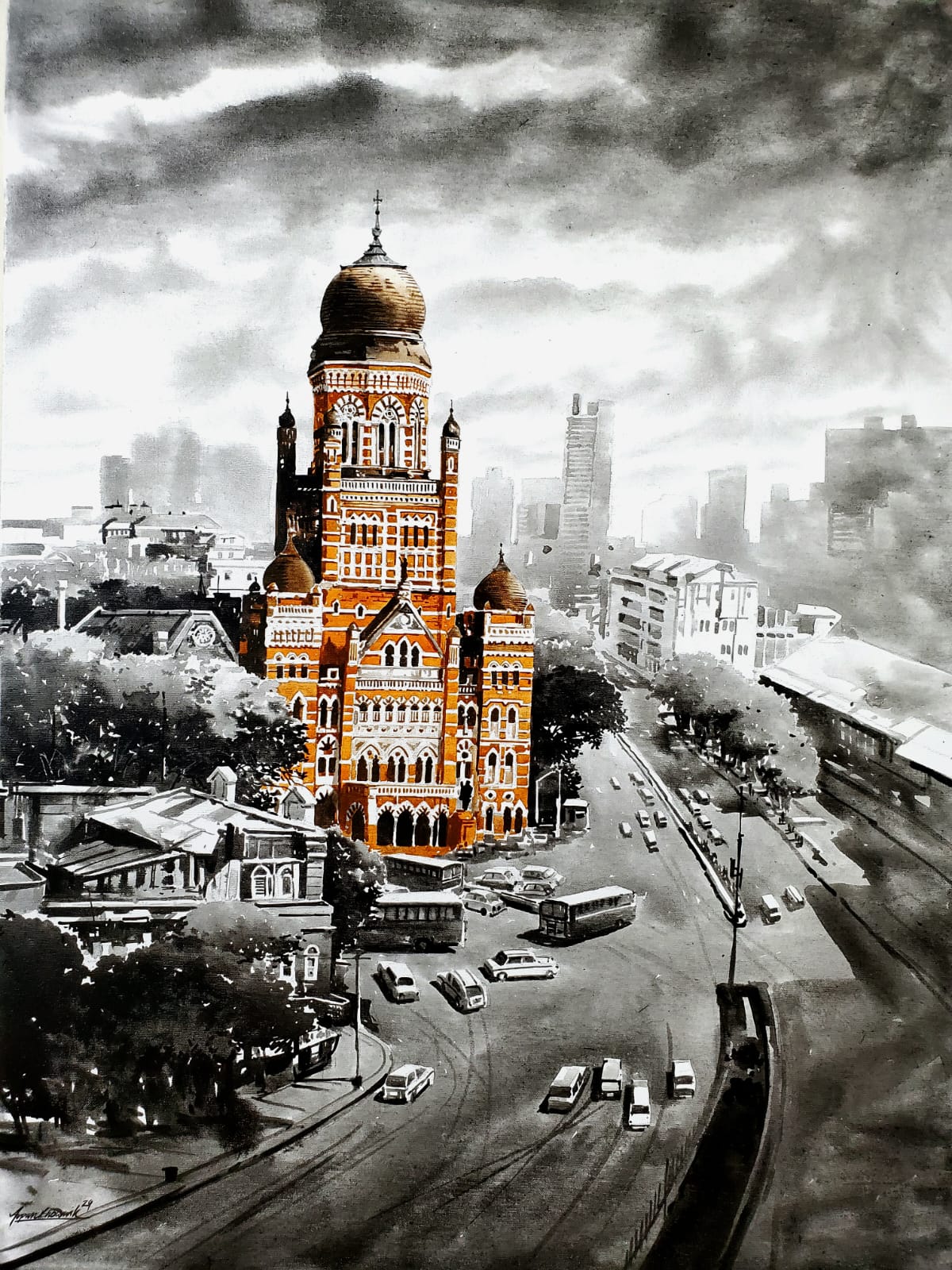 Arpan Bhomwik paints iconic Mumbai landmarks against the monochromatic backdrops. Monochrome Acrylic Paintings .