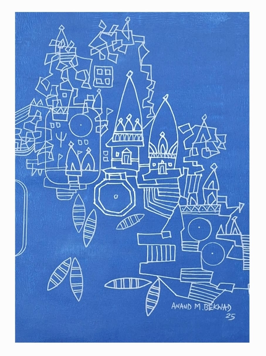 Varanasi Line Drawing in cobalt blue background.