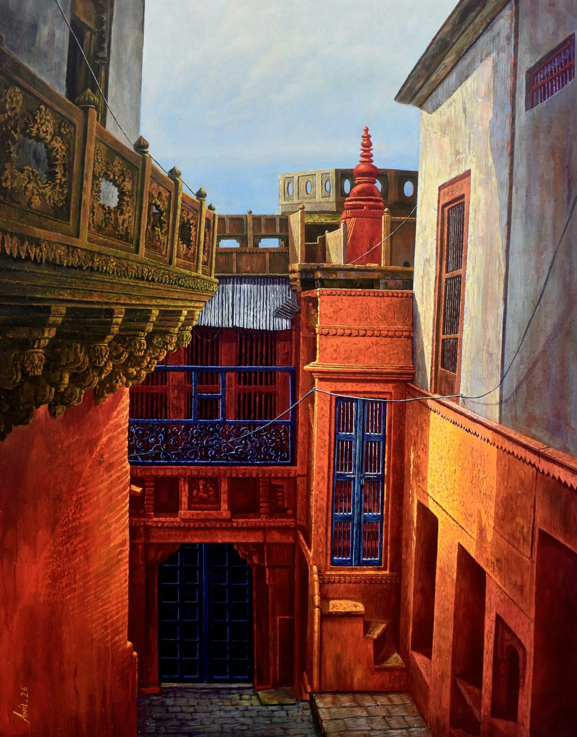 Anil K Yadav canvas painting of a Varanasi lane with terracotta buildings spotlights heritage architecture.
