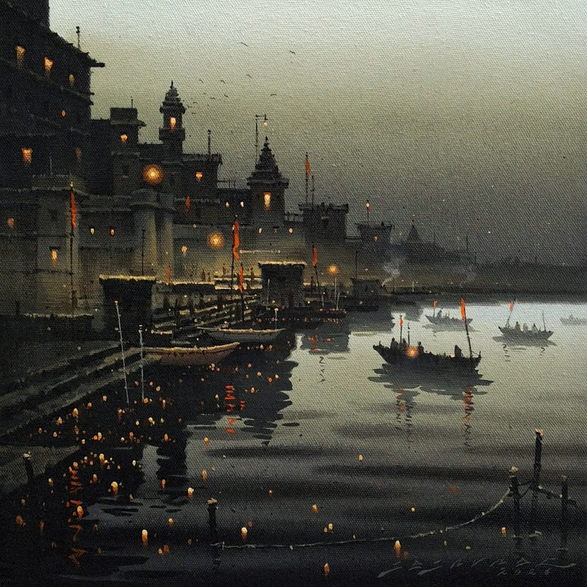A square art painting depicting Varanasi city at dusk or dawn, with dark temples along the left side, small boats on the water, and warm city lights flickering.