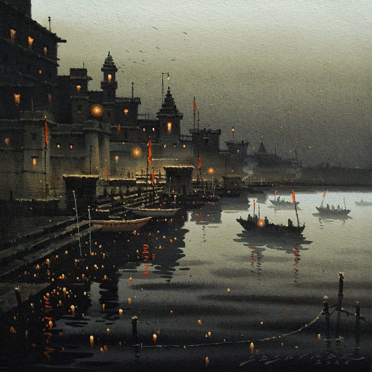 A square art painting depicting Varanasi city at dusk or dawn, with dark temples along the left side, small boats on the water, and warm city lights flickering.