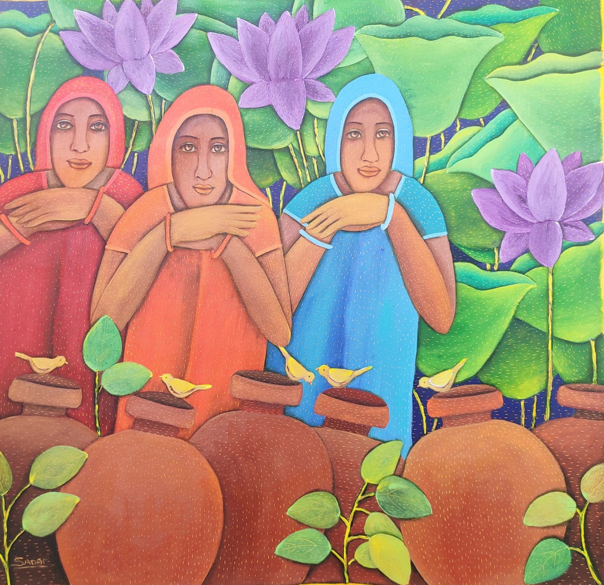 Artist Sadaf Beg Khan captures the innocence of the simple and rooted village life of three girls seated amongst the quintessential village elements - the earthen pots. 