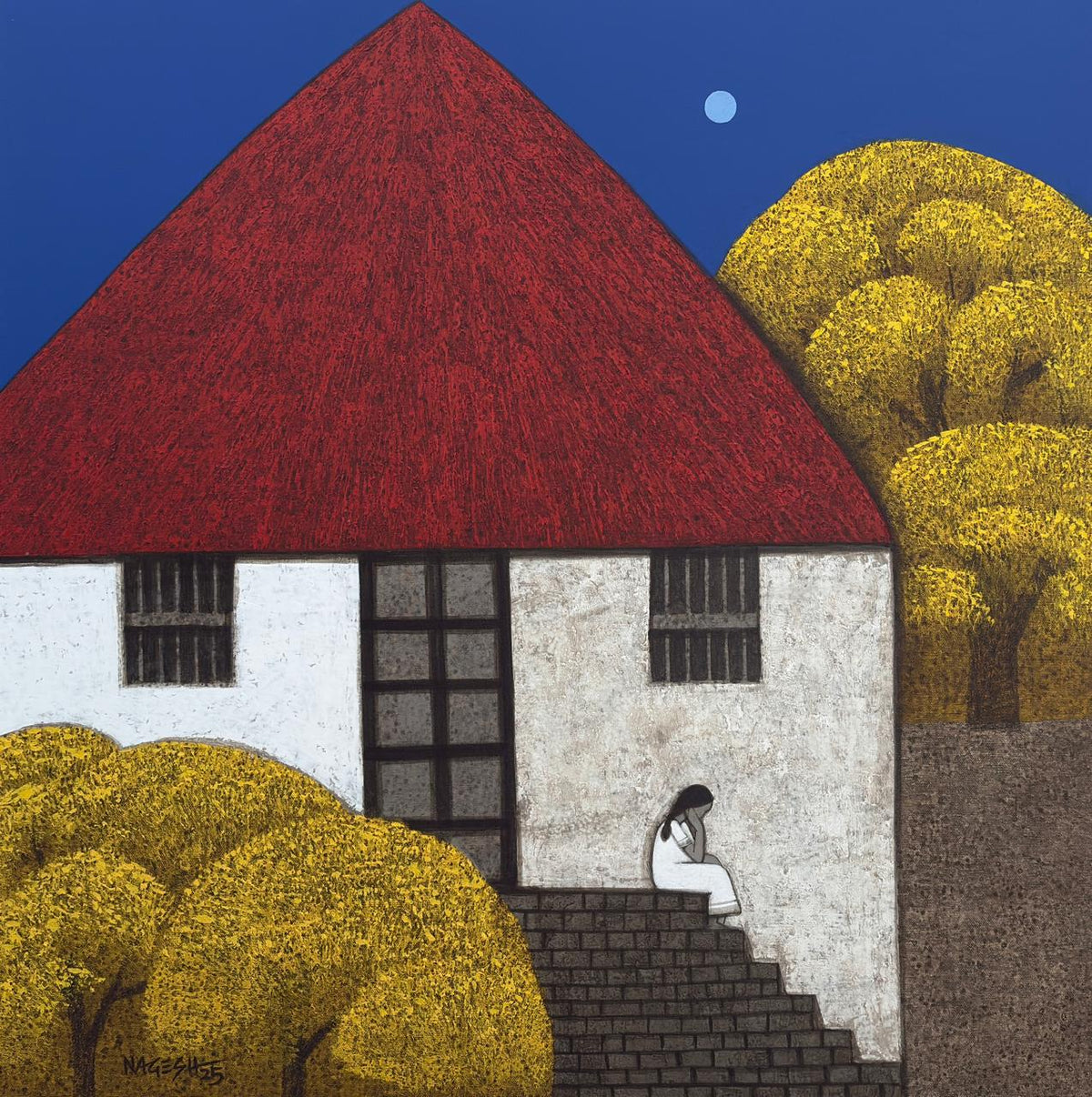 Artistic depiction of a house with a red roof and trees, featuring a little girl sitting on steps under moonlight.