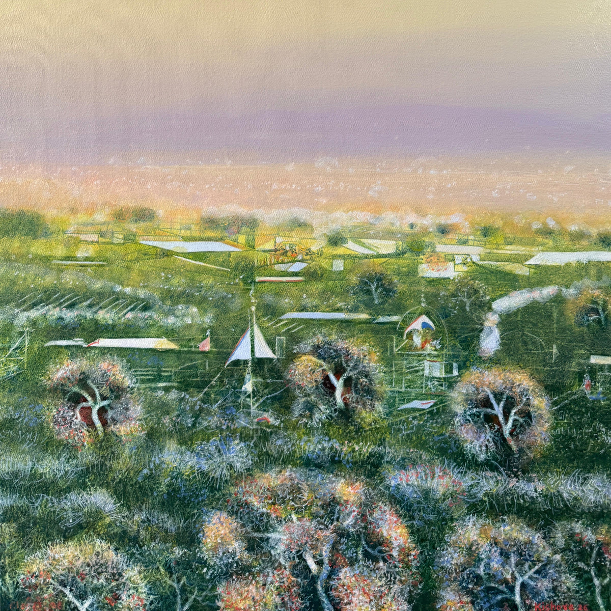 Original nature landscape canvas painting by Kishore Kumar featuring green forest and serene lavender sky.