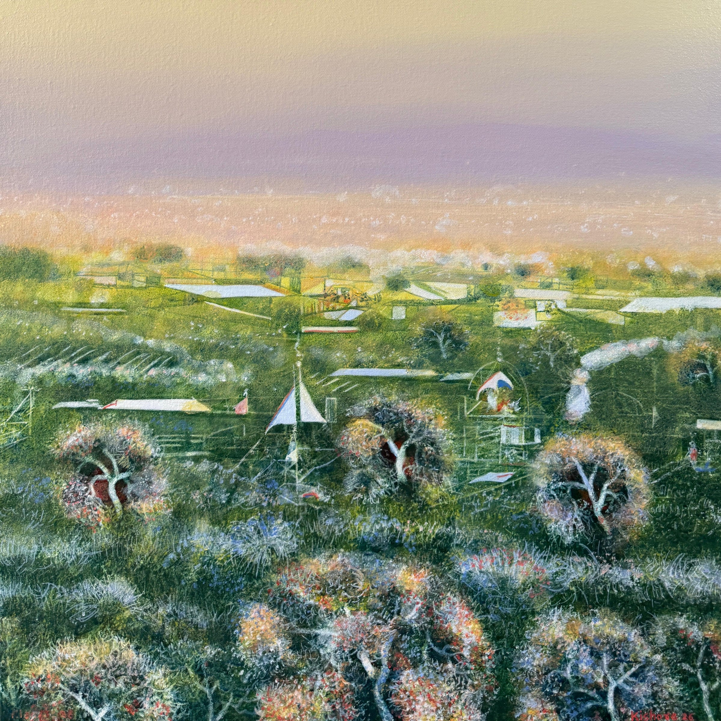 Original nature landscape canvas painting by Kishore Kumar featuring green forest and serene lavender sky.