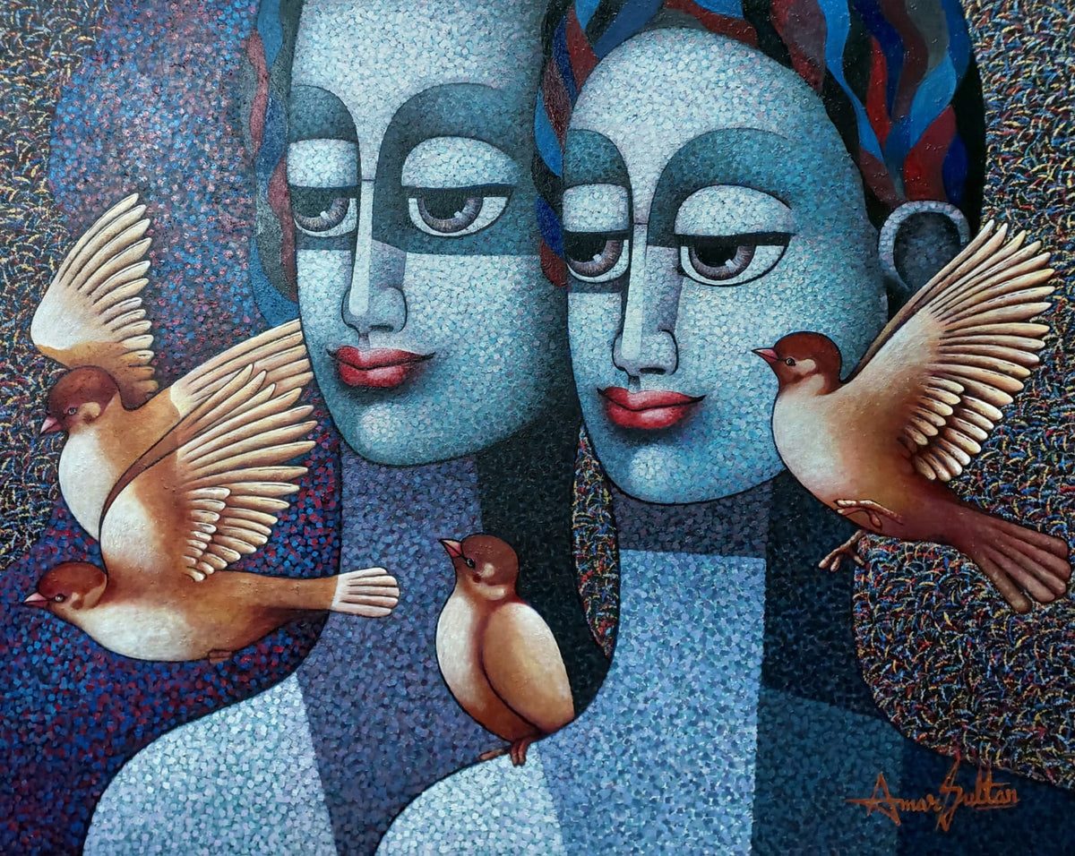 Blue pointillism figurative art by Amar Sultan: couple looks in same direction with 4 sparrows around.