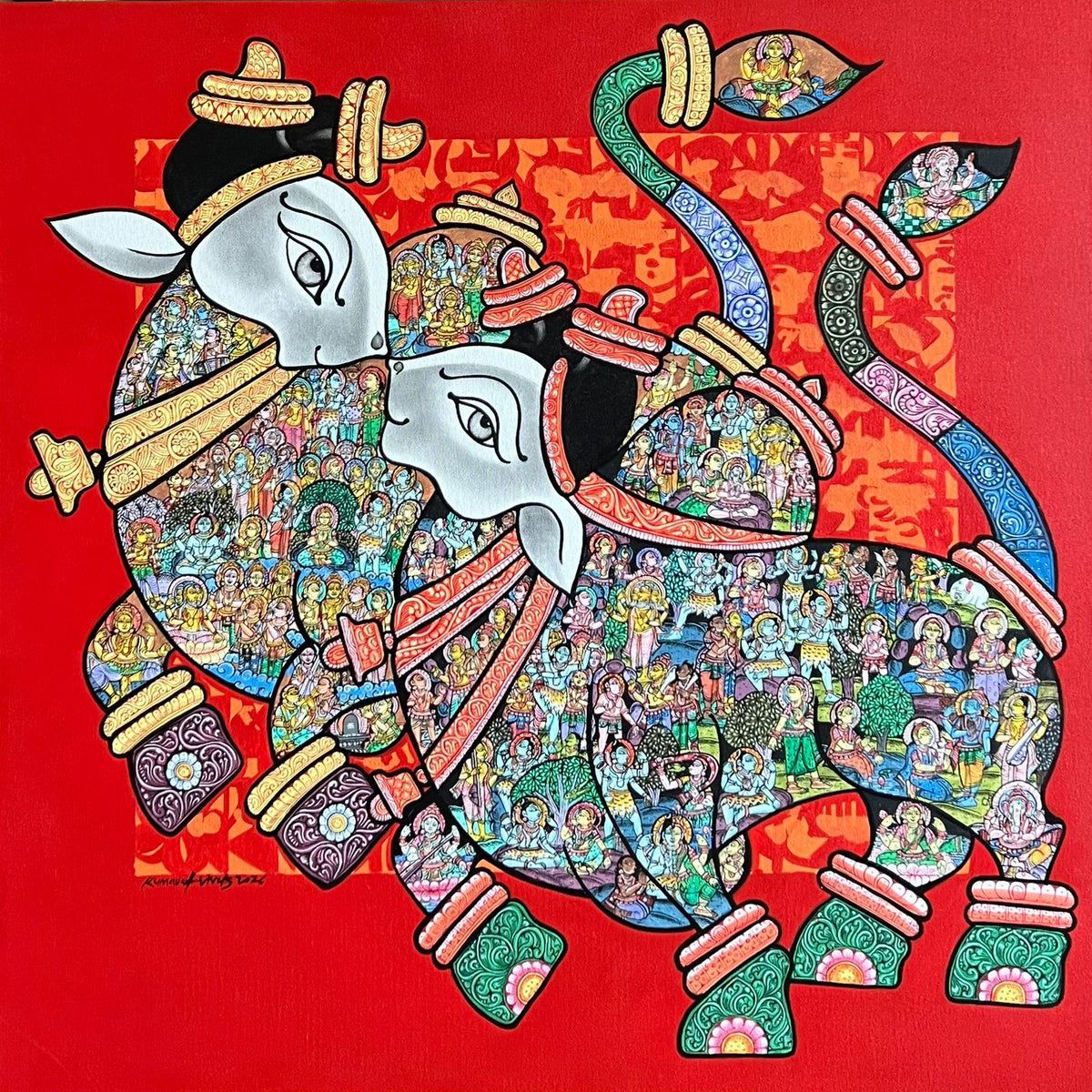Indian mythology canvas painting of two decorated bulls on a vibrant red backdrop.
