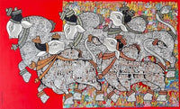 Vivek Kumavat original Nandi painting with five monochrome bulls on red canvas background.