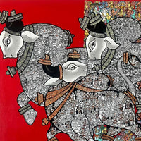 Close-up detail: Intricate hand-drawn Kalamkari folk motifs on Vivek Kumavat's monochrome Dancing Nandis canvas.