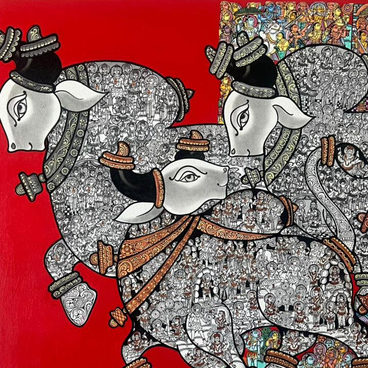 Close-up detail: Intricate hand-drawn Kalamkari folk motifs on Vivek Kumavat's monochrome Dancing Nandis canvas.