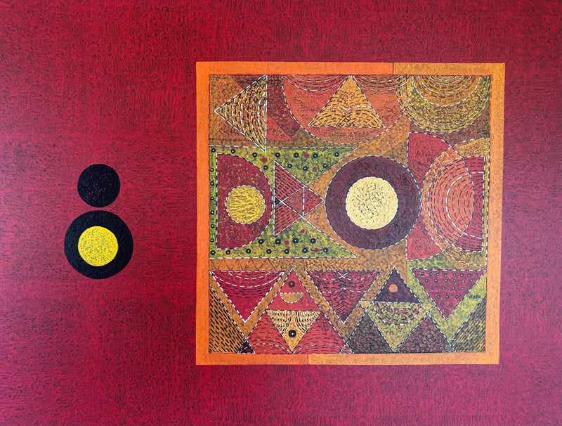 Vivek Nimbolkar creates abstract in crimson background and incorporating geometrical abstraction.