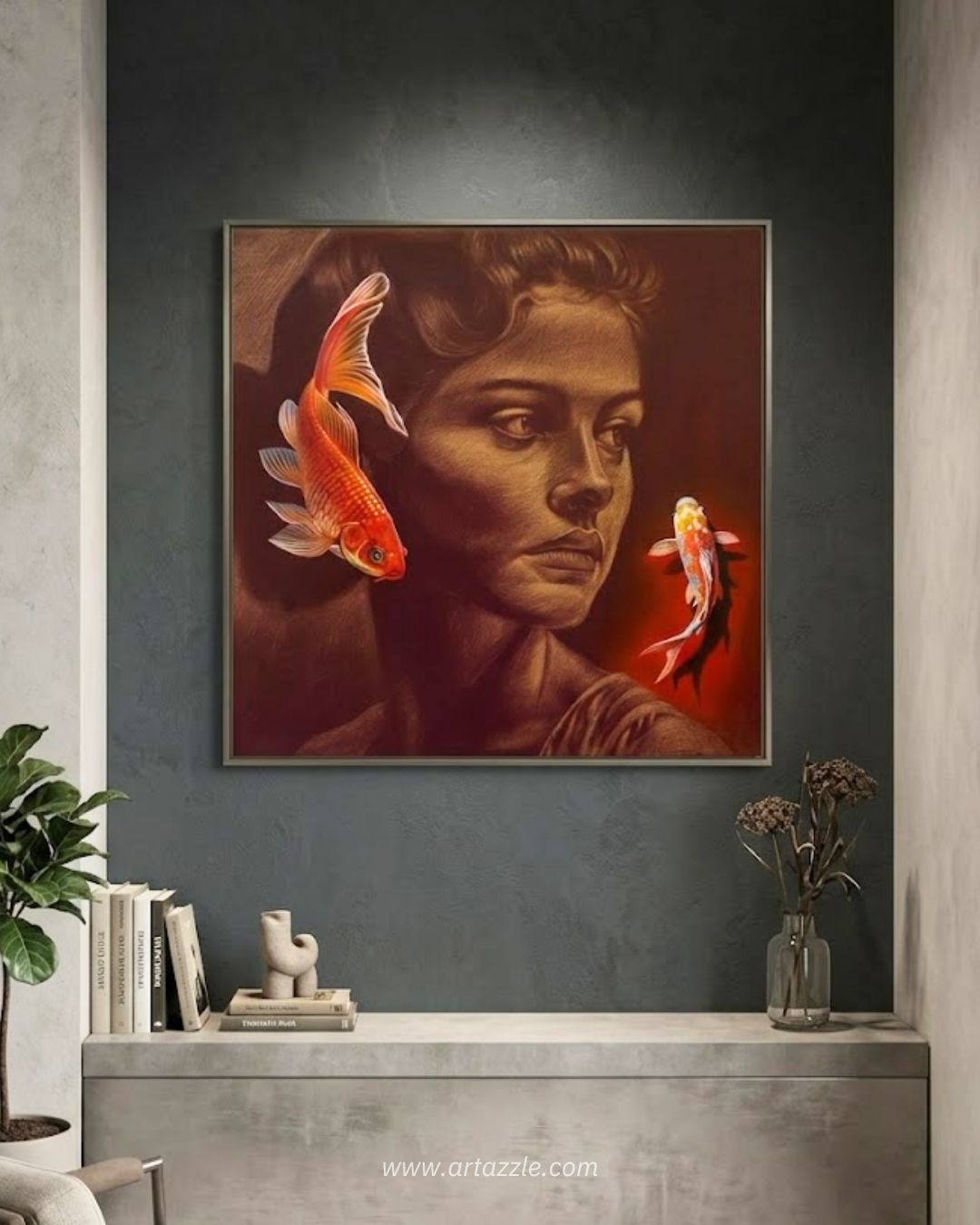 Framed artwork of a woman with koi fish on a dark wall