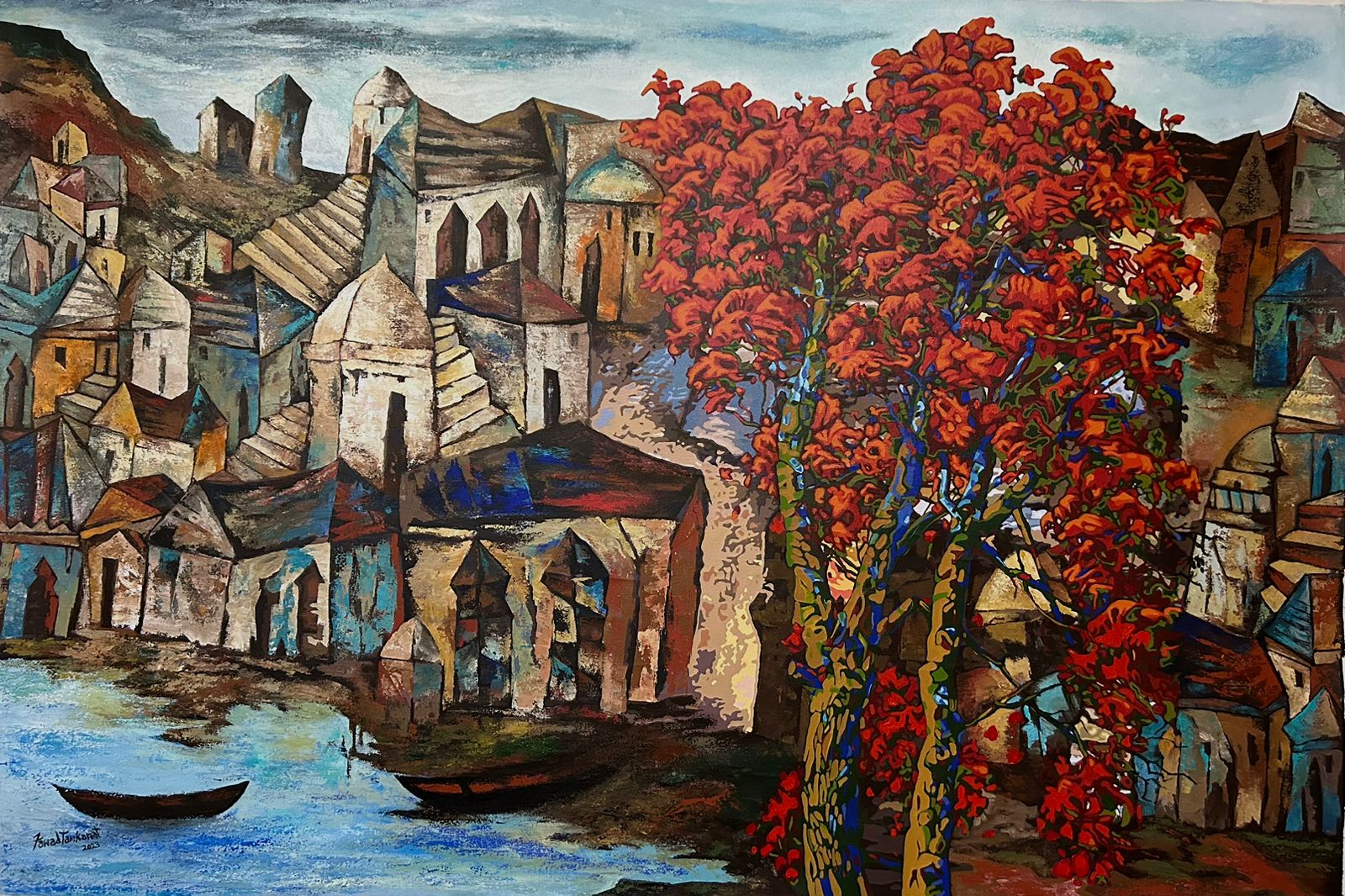 Cityscape Painting by Fawad Tamkanat. Fawad is one of India's senior artists creating whimsical seaside towns which bring together a harmony in architecture of both Indian and European towns. Fawad's cityscapes turn magical by vibrant red treees taking centrestage.