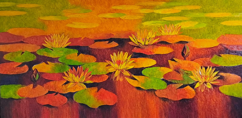 Swati Kale Painting feautring Waterlilies growing in a pond. The artist skilufllly uses fall colors to depict sunset on the pond.